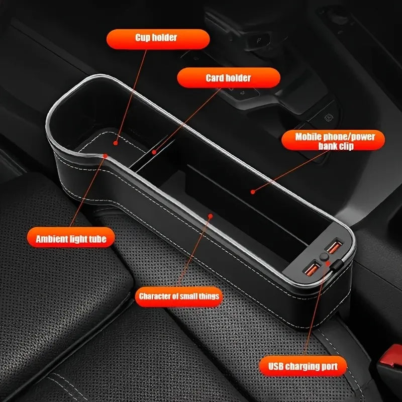 LED Seat Gap Storage Box W/ USB Charging Ports